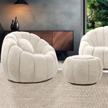 Imagem de Poltrona Decorativa Orgânica Giratória Com Puff Cloud Bouclê E03 - D'rossi Cor Bege