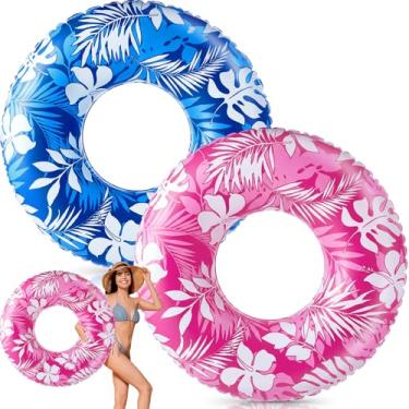 Imagem de Silipull 2 peças de boia inflável grande para adultos, 120 cm, Havaí, com estampa de um lado, tubo inflável de piscina, anel de natação para adultos na praia de verão (Havaí, vermelho rosa, azul)