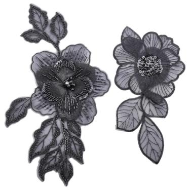 Imagem de FINGERINSPIRE 2 peças de apliques de costura feitos à mão, 2 estilos, contas de costura pretas, remendos de renda, bordados, colar de renda, bordado com contas, acessório para vestidos de casamento