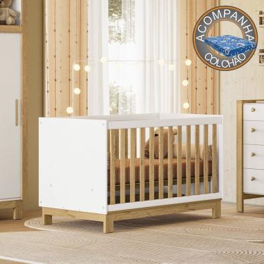 Imagem de Berço Mini Cama Qencanto Slim 4315 Branco com Grade Freijó Qmovi + Colchão Ortobom