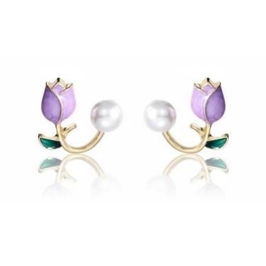 Imagem de Brinco Feminino Rosa Perola Delicado Moda Fashion Dourado - Lojas La&N