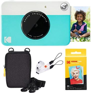 Imagem de KODAK Printomatic Pacote de iniciante para câmera de impressão instantânea colorida + estojo de transporte + papel fotográfico Zink 20 pacotes - fotos coloridas em papel adesivo de 5 x 7 cm - presente