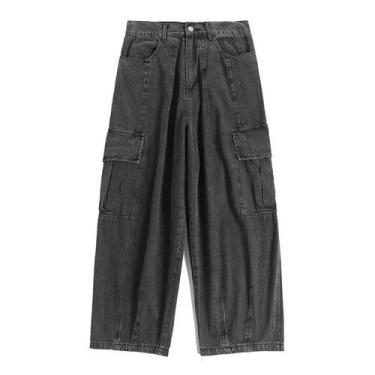 Imagem de Calças Cargo Masculinas Largas E Oversize Em Denim Preto Coreano, Esti