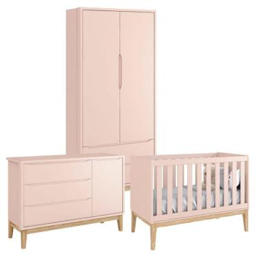 Imagem de Quarto De Bebê Classic 2 Portas Cômoda Com Porta Rosa Com Pés Madeira Natural - Reller