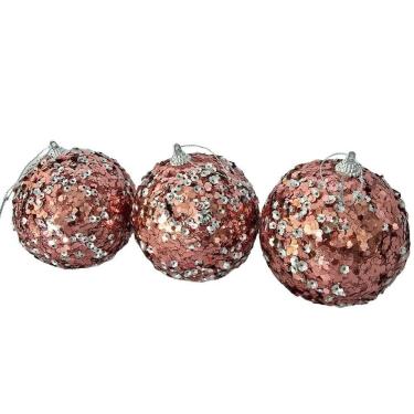 Imagem de Bolas de Natal Rose Lantejouladas Kit 3 Pçs com Mini Lantejoulas Rose e Prata Rosê Tok...