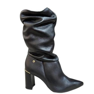 Imagem de Bota Feminina Salto Alto Tanara Couro Bico Fino Original Pre, Preto, 3
