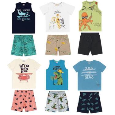 Imagem de Kit 6 Peças Roupa Infantil Masculina 3 Camisas + 3 Bermuda - Moby Dick