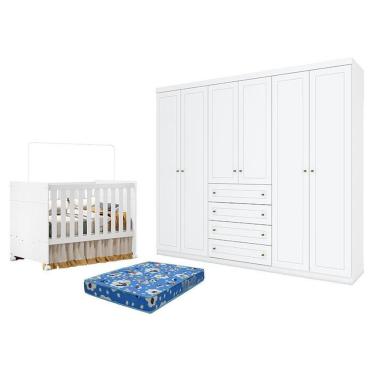 Imagem de Kit Berço e Guarda-Roupa Casal Katatau 6 Portas 4 Gavetas MDF Branco Acetinado Móveis Henn