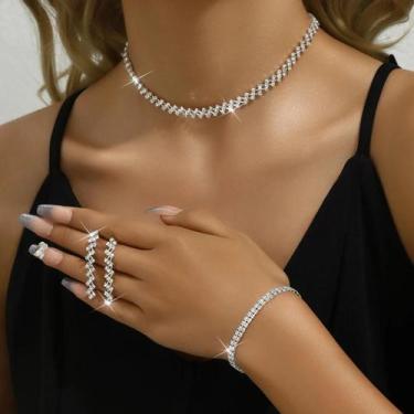 Imagem de Conjunto De Joias Femininas Com Strass 4 Peças: Colar, Brincos, Pulsei