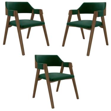Imagem de Kit 3 Cadeiras Sala de Jantar Poker Madeira Maciça Veludo Verde Nogueira Gran Belo