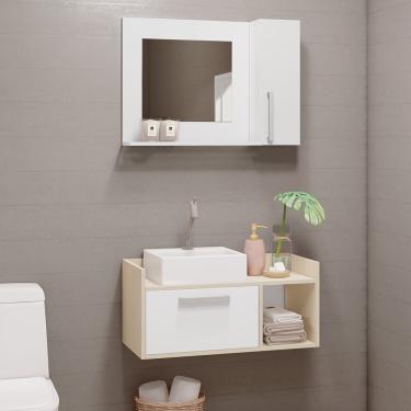 Imagem de Kit Gabinete para Banheiro Suspenso 75cm com Armário e sem Cuba Estilare Móveis - Branco com Creme