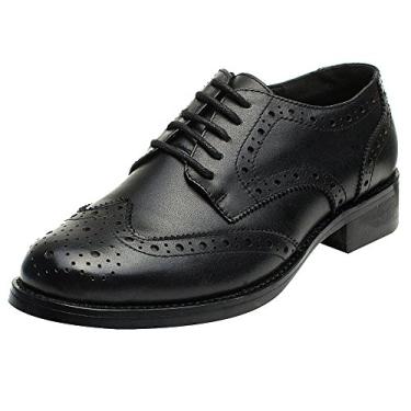 Imagem de Sapatos Oxford de couro para trabalho e casamento com bico fino Brogue feminino da rismart, Preto, 5