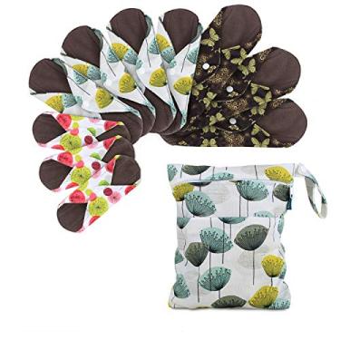 Imagem de Teamoy 10 peças de forros de calcinha de pano, almofadas sanitárias reutilizáveis com saco molhado, almofadas menstruais de pano lavável com camadas de absorção de carvão (estilo country,