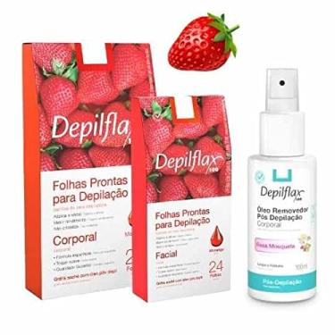 Imagem de Kit Folhas Prontas Depilação Facial/Corporal + Óleo Removedor de Cera 100ml Depilflax (Morango)