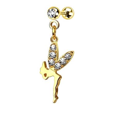 Imagem de Brinco de barra em aço inoxidável cirúrgico 316L com asas de zircônia cúbica em tom dourado 16G para cartilagem de hélice tragus concha lóbulo de orelha, Metal, Zircônia cúbica