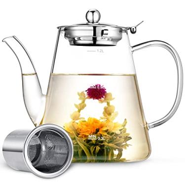 Imagem de Bule de vidro, bule de chá Zpose de 1200 ml com infusor de chá solto removível, bule de chá de vidro borossilicato com linha de escala, chaleira segura para fogão para chá florescendo, caixa de presente para máquina de chá