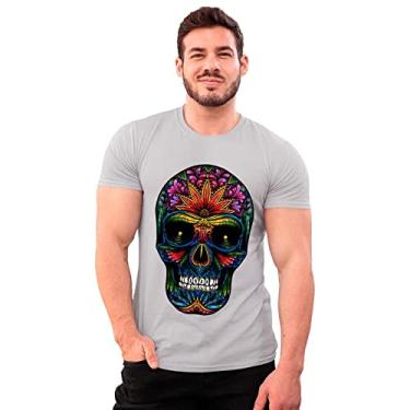 Imagem de Camiseta Algodão Caveira Mexicana Colorida Shap Life T-Shirt Cor:Cinza;Tamanho:GG