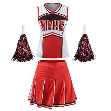 Imagem de SOUGAO Fantasia feminina de líder de torcida musical e saia com flor de mão, Vermelho, G