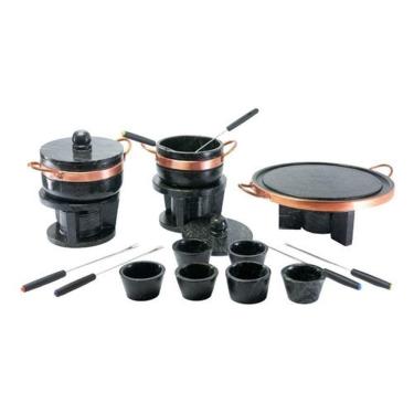 Imagem de Kit Fondue De Pedra Sabao Chapa 32 Cm + Panelas De 500 E 800 Ml + 6 Cumbucas + 6 Garfinhos