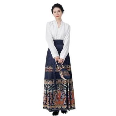 Imagem de Hanfu Saia de rosto de cavalo feminina chinesa tradicional Hanfu com gola alta, cardigã com 2 peças de saia plissada, Conjunto de 2 peças, D, XG