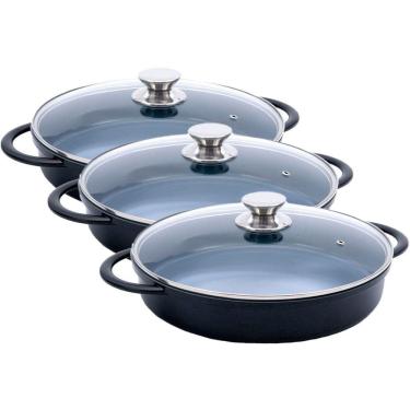 Imagem de Kit Caçarola Baixa Hercules Indução Antiaderente Ceramico Tampa de Vidro Redonda Preta...
