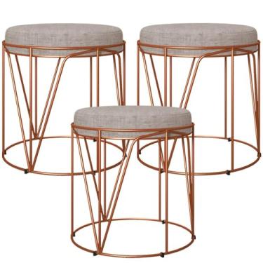 Imagem de Kit 03 Puffs Decorativo Aramado Bronze Zaya L02 Linho Bege - Lyam Decor