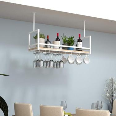 Imagem de Prateleira de teto Rack de vinho suspenso branco de 1 camada, prateleiras flutuantes para família industrial, rack de armazenamento de decoração suspensa de barra, com guarda-corpo/fácil de