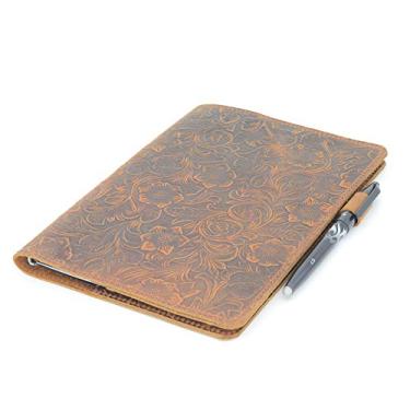 Imagem de JJNUSA Capa para notebook Rocketbook Smart Business feita à mão em couro genuíno envelhecido para Everlast, Fusion, Wave Moleskin com alça para caneta A4 Letra 28 cm x 21 cm Flor