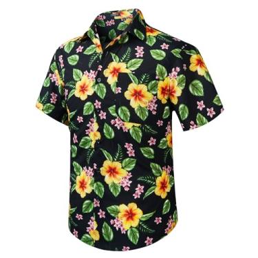 Imagem de Camisa masculina havaiana Enlison manga curta casual verão praia Aloha camisa floral abotoada tropical Havaí camisas, Amarelo floral preto, P