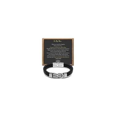 Imagem de Presente para homens, pulseira infinita de couro trançado preto para homens, pai, marido, namorado, filho, neto, irmão, sobrinho, tio para sempre, ligados juntos, aço inoxidável, gravada com joia Love