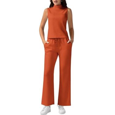 Imagem de KIRUNDO Conjunto feminino de 2 peças para o verão 2024 elegante casual gola redonda cropped calça larga conjunto de agasalho, Laranja, vermelho, G