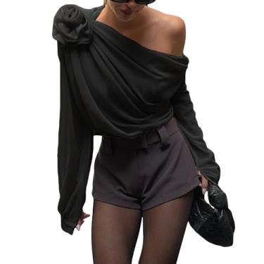 Imagem de Blusa feminina sexy de chiffon de um ombro só, manga comprida, flor 3D, caimento justo, malha, Preto, G