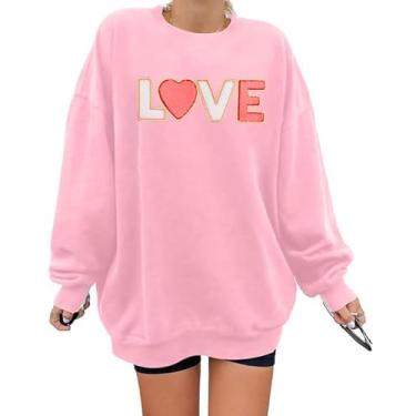 Imagem de Moletom feminino para o dia dos namorados com glitter patch amor coração camisa manga longa impressão letras pulôver tops, rosa, M