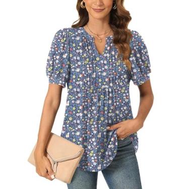 Imagem de Anyally Blusa feminina casual elegante de verão manga curta túnica tops plissados para o trabalho, Azul plissado variegado Fl, 3G