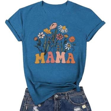 Imagem de Camiseta feminina vintage floral casual boho estampa floral girassol flores silvestres camisetas para meninas, Mãe - azul, G
