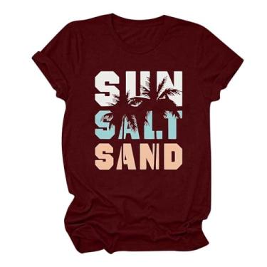 Imagem de MaMiDay Camiseta feminina de verão com estampa divertida de sol, areia e sal e areia, gola redonda, manga curta, caimento solto, Vinho, P