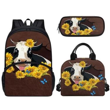 Imagem de Pugasmiru Nova mochila de vaca e girassol de 43 cm, lancheira para estudantes, meninos, meninas, adolescentes, mochila para laptop para sala de aula