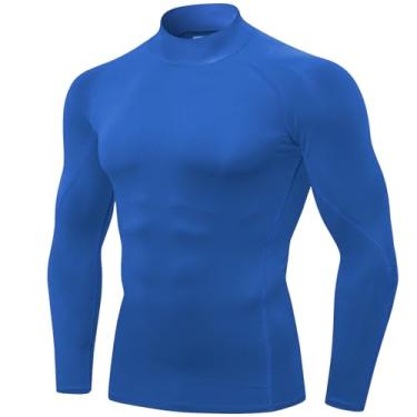 Imagem de SPVISE Pacote com 1 ou 2 camisetas masculinas de compressão de manga comprida para treino atlético, roupa íntima de camada de base esportiva fresca e seca, Gola alta simulada azul, GG