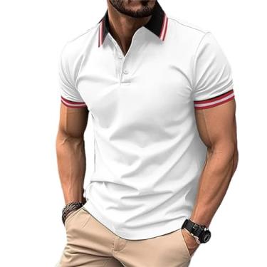 Imagem de Camiseta de verão manga curta lapela masculina canelada líder camiseta casual esportiva com botões, Branco, G