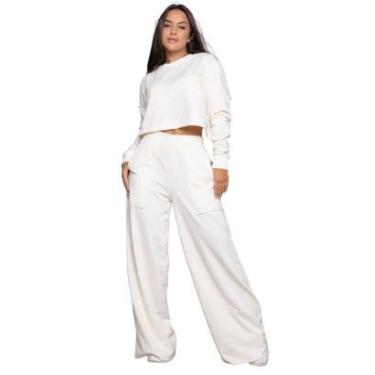 Imagem de Conjunto Cropped Calça Wide Leg Moletinho Serra e Mar Manga Longa e Flare Pantalona Cintura Alta-Feminino