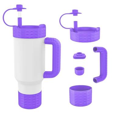 Imagem de Tyasoleil Capa protetora de silicone 5 peças para copo Stanley Quencher H2.0 850 g 1134 g e IceFlow 850.5 g 567.0 g, reduz arranhões de ruído, tampas de palha e protetor inferior antiderrapante (roxo)
