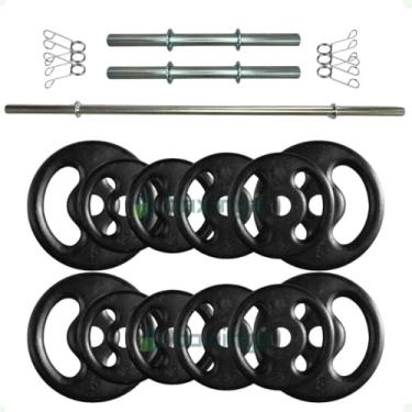 Imagem de Kit Fitness 40 Kg de Anilhas Ferro + Barras Maciças Zincada com Presilhas