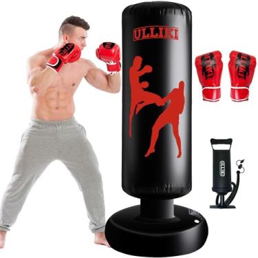 Imagem de ULLIKI Saco de pancadas de 170 cm para adultos e crianças com luvas de boxe e bomba manual, bolsa pesada independente, equipamento esportivo inflável para crianças, homens, mulheres