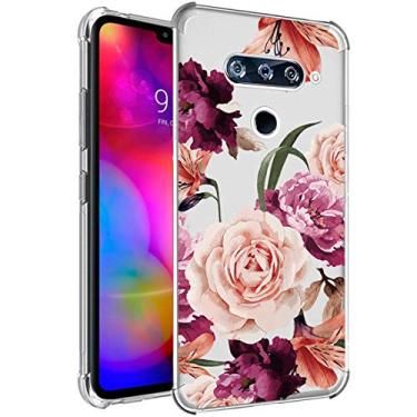 Imagem de Ueokeird Capa para LG V40 ThinQ, capa para LG V40 com flores, capa protetora fina à prova de choque transparente com estampa floral macia e flexível TPU para LG V40 ThinQ (versão 2018) (flor roxa)