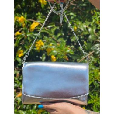 Imagem de Bolsa Festa Prata Lisa Metalizada De Ombro E De Mão Alça Corrente Tran