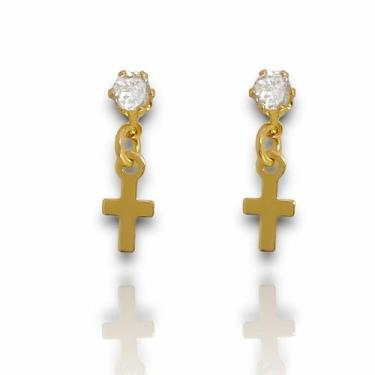 Imagem de Brinco Zirconia e Cruz Banhado Ouro 18k Semijoia - Dril Semijoias