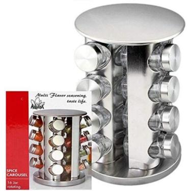 Imagem de Porta Condimentos Inox Suporte Giratorio 16 Mantimentos Vidro Requinte