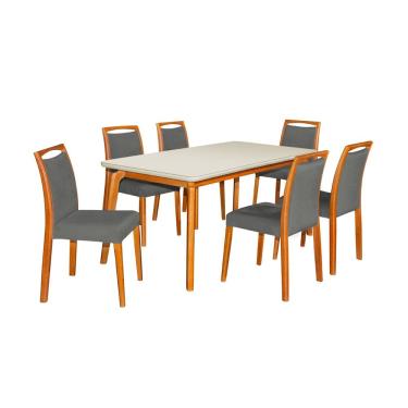 Imagem de Mesa Jantar Luxo Jade 160X90cm Off White Com 6 Cadeiras Estofadas Linho Cinza Escuro Base Madeira Maciça 