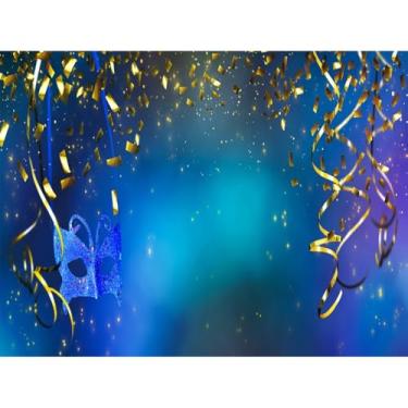 Imagem de DORCEV Pano de fundo de carnaval para fotografia 2,4 x 1,8 m Luxuoso baile de máscaras de carnaval cenário de festa de carnaval azul dourado fita fita fundo foto festa de carnaval decoração de festa