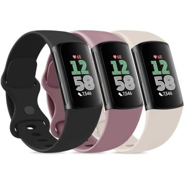 Imagem de Pacote com 3 pulseiras macias para Fitbit Charge 5 e 6 para mulheres e homens, pulseiras macias para rastreador de atividades físicas (pequena, violeta fumê/luz das estrelas/preta)